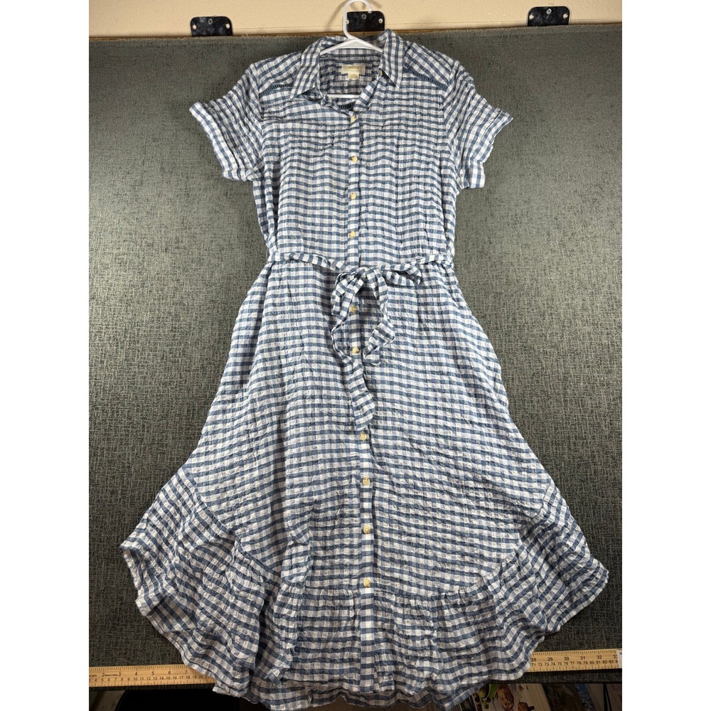 Maeve Anthropologie Blue Gingham Seersucker Midi Shirt Dress Ruffle Hem Large